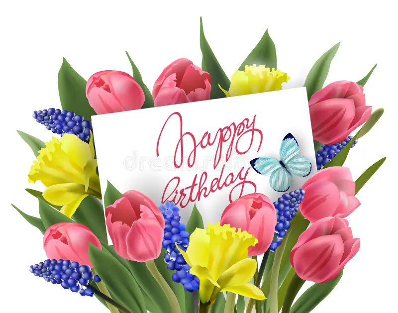 la-tarjeta-de-felicitación-del-feliz-cumpleaños-con-el-ramo-de-primavera-florece-los-tulipanes-narcisos-muscari-vector-85666044